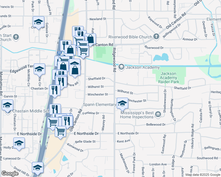 map of restaurants, bars, coffee shops, grocery stores, and more near 1536 Winchester Street in Jackson