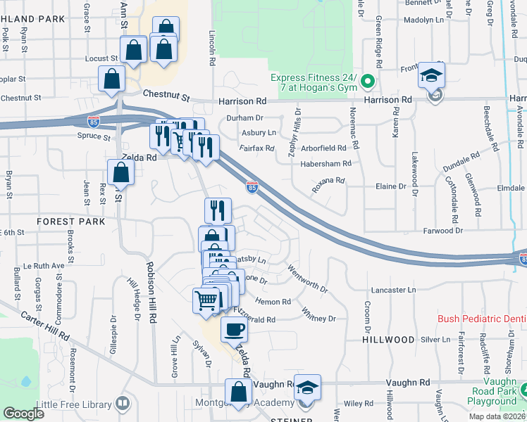 map of restaurants, bars, coffee shops, grocery stores, and more near 3260 Gatsby Lane in Montgomery