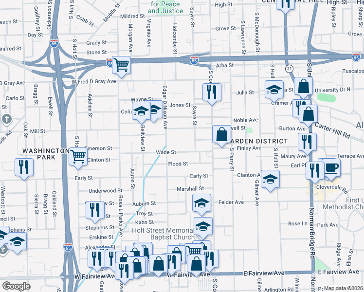map of restaurants, bars, coffee shops, grocery stores, and more near 138 Wade Street in Montgomery
