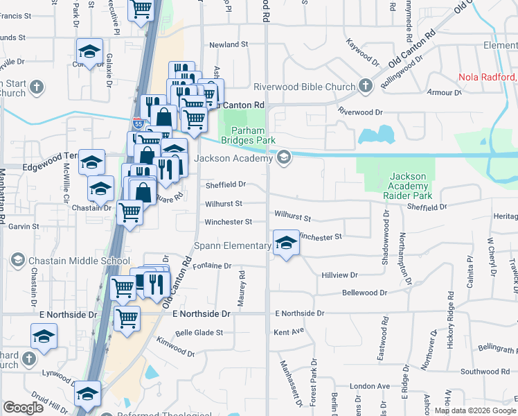 map of restaurants, bars, coffee shops, grocery stores, and more near 1536 Winchester Street in Jackson