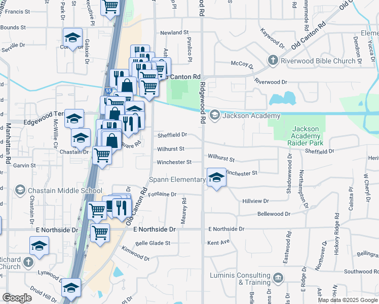 map of restaurants, bars, coffee shops, grocery stores, and more near 1536 Winchester Street in Jackson