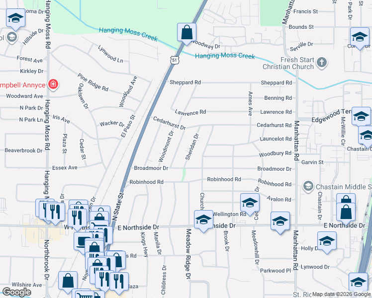 map of restaurants, bars, coffee shops, grocery stores, and more near 4831 Sheridan Drive in Jackson