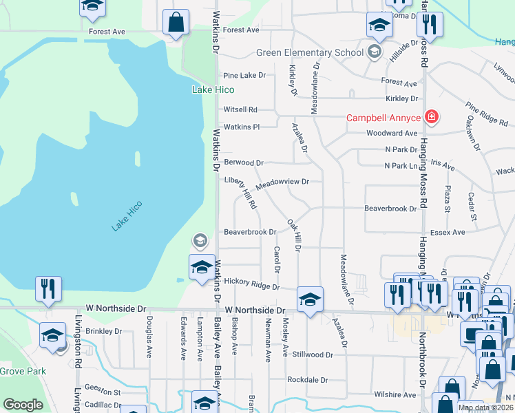 map of restaurants, bars, coffee shops, grocery stores, and more near 4325 Liberty Hill Road in Jackson