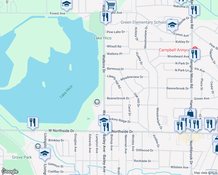 map of restaurants, bars, coffee shops, grocery stores, and more near 723 Meadowview Drive in Jackson