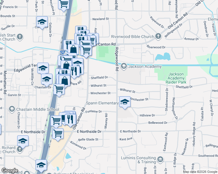 map of restaurants, bars, coffee shops, grocery stores, and more near 1521 Wilhurst Street in Jackson