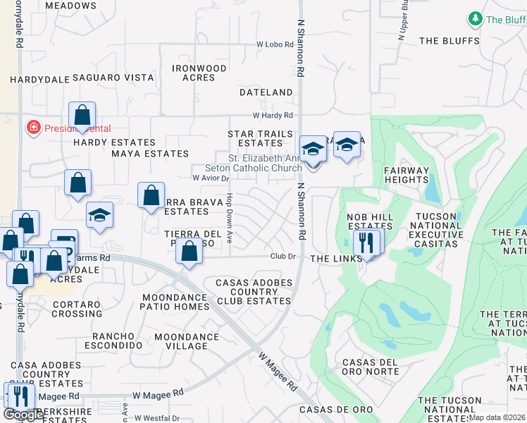 map of restaurants, bars, coffee shops, grocery stores, and more near 3034 West Autumn Breeze Drive in Tucson