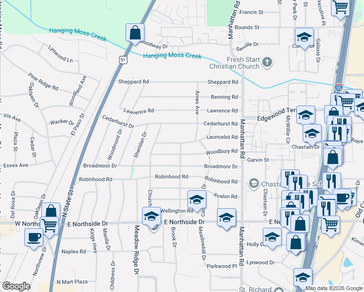 map of restaurants, bars, coffee shops, grocery stores, and more near 610 Woodbury Road in Jackson