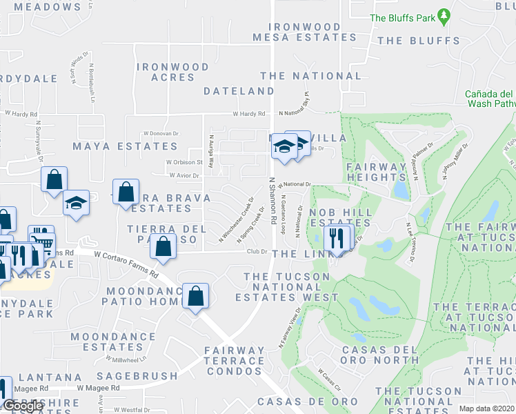 map of restaurants, bars, coffee shops, grocery stores, and more near 8521 North Spring Creek Drive in Tucson