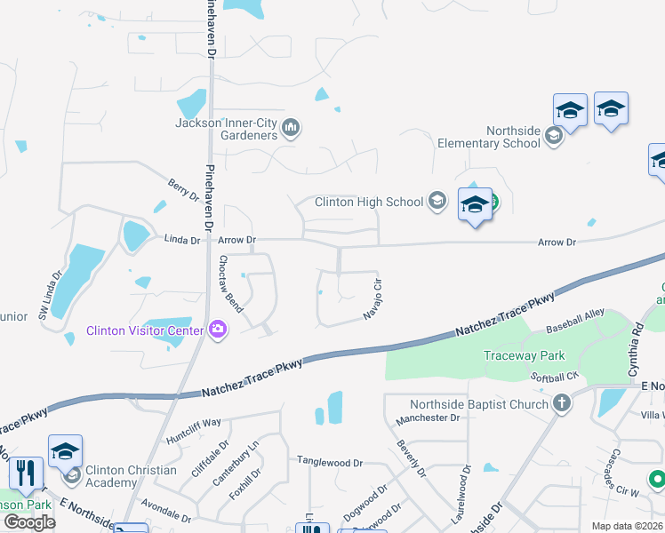 map of restaurants, bars, coffee shops, grocery stores, and more near 201 Navajo Circle in Clinton