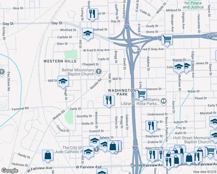 map of restaurants, bars, coffee shops, grocery stores, and more near 1147 Oak Street in Montgomery
