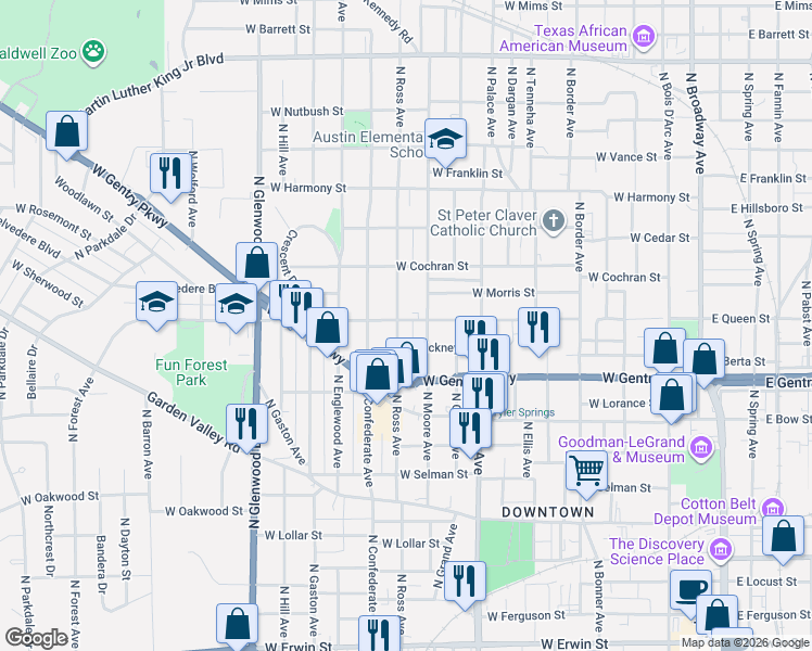 map of restaurants, bars, coffee shops, grocery stores, and more near 1121 North Ross Avenue in Tyler