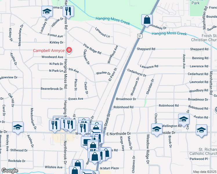map of restaurants, bars, coffee shops, grocery stores, and more near 4150 El Paso Street in Jackson