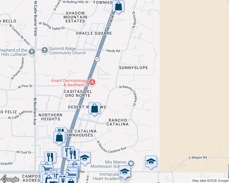 map of restaurants, bars, coffee shops, grocery stores, and more near 404 East Windy Peak Circle in Tucson