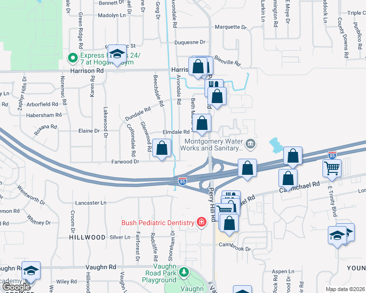 map of restaurants, bars, coffee shops, grocery stores, and more near 1240 Avondale Road in Montgomery