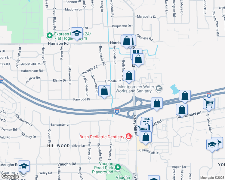 map of restaurants, bars, coffee shops, grocery stores, and more near 1240 Avondale Road in Montgomery