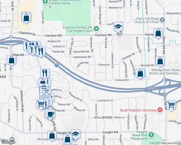 map of restaurants, bars, coffee shops, grocery stores, and more near 1360 Zephyr Hills Drive in Montgomery