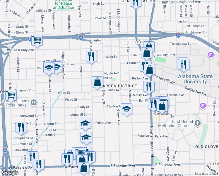 map of restaurants, bars, coffee shops, grocery stores, and more near 1209 South Lawrence Street in Montgomery