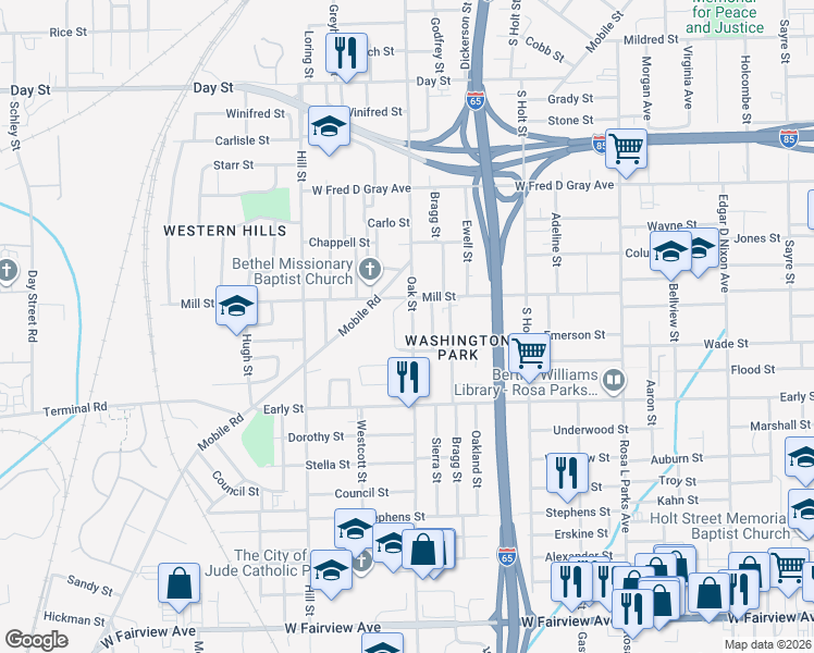 map of restaurants, bars, coffee shops, grocery stores, and more near 1147 Oak Street in Montgomery