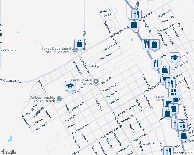map of restaurants, bars, coffee shops, grocery stores, and more near 1600 Granbury Street in Cleburne
