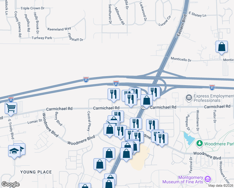 map of restaurants, bars, coffee shops, grocery stores, and more near 1255 Towneplace Drive in Montgomery