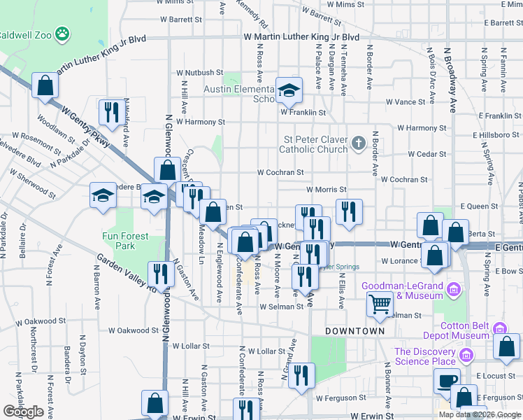 map of restaurants, bars, coffee shops, grocery stores, and more near 1121 North Ross Avenue in Tyler