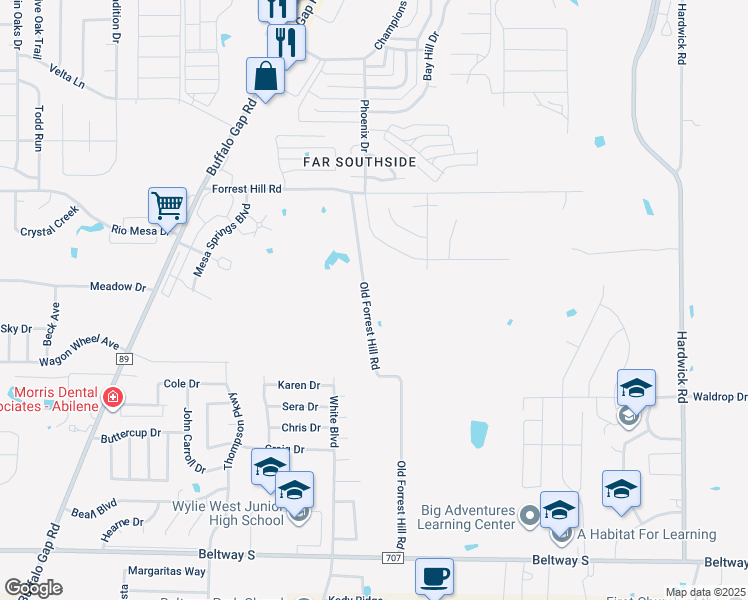 map of restaurants, bars, coffee shops, grocery stores, and more near 7341 Old Forrest Hill Road in Abilene