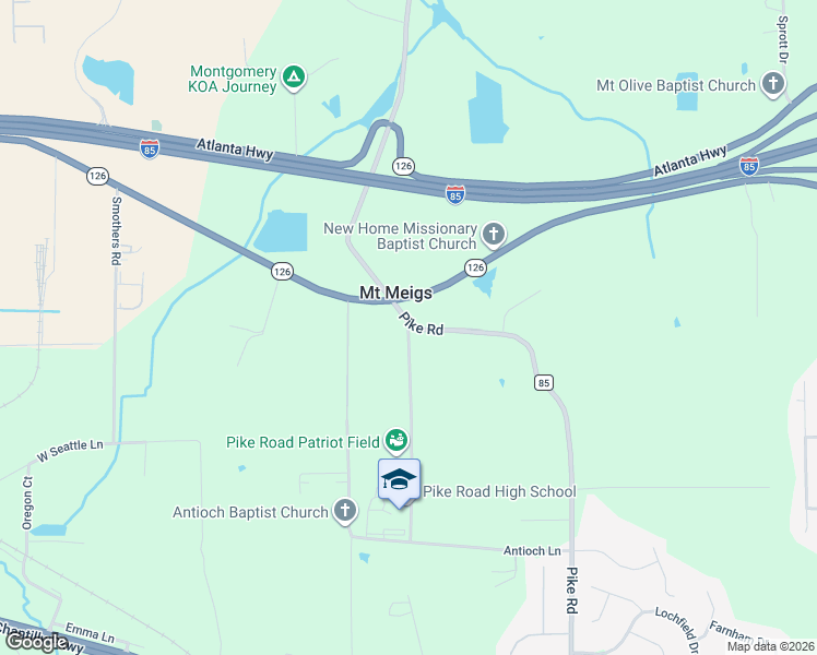 map of restaurants, bars, coffee shops, grocery stores, and more near 501 Georgia Washington Road in Pike Road