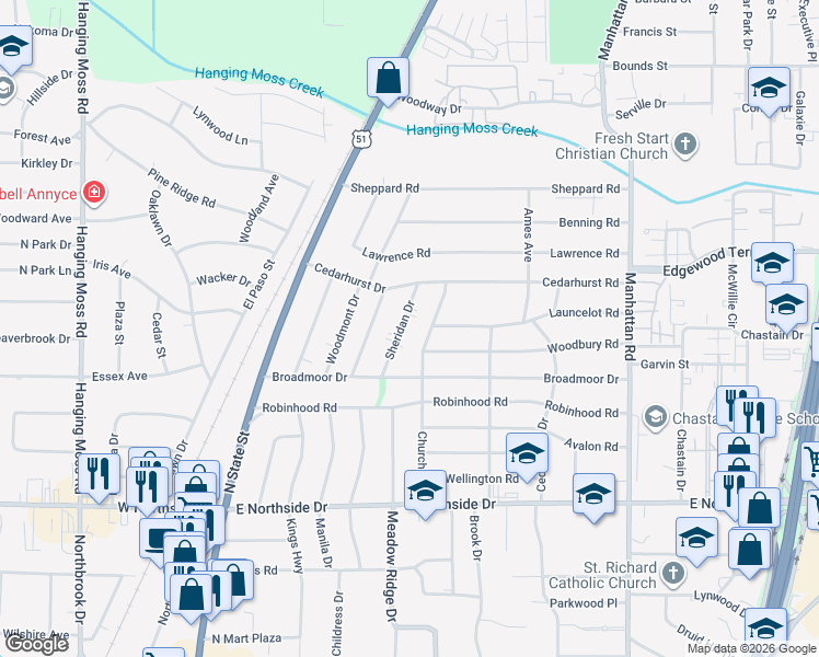 map of restaurants, bars, coffee shops, grocery stores, and more near 4858 Sheridan Drive in Jackson