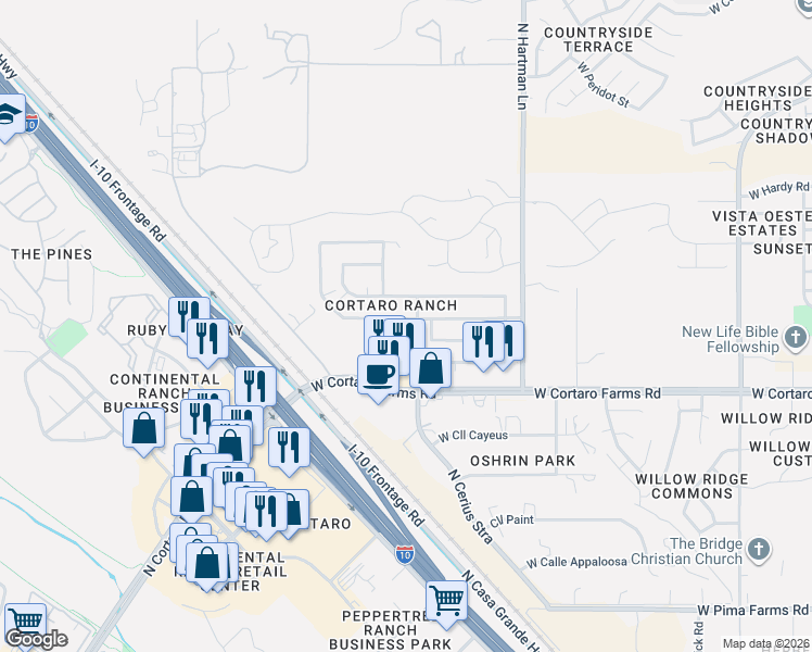 map of restaurants, bars, coffee shops, grocery stores, and more near 5600 West Cortaro Farms Road in Tucson