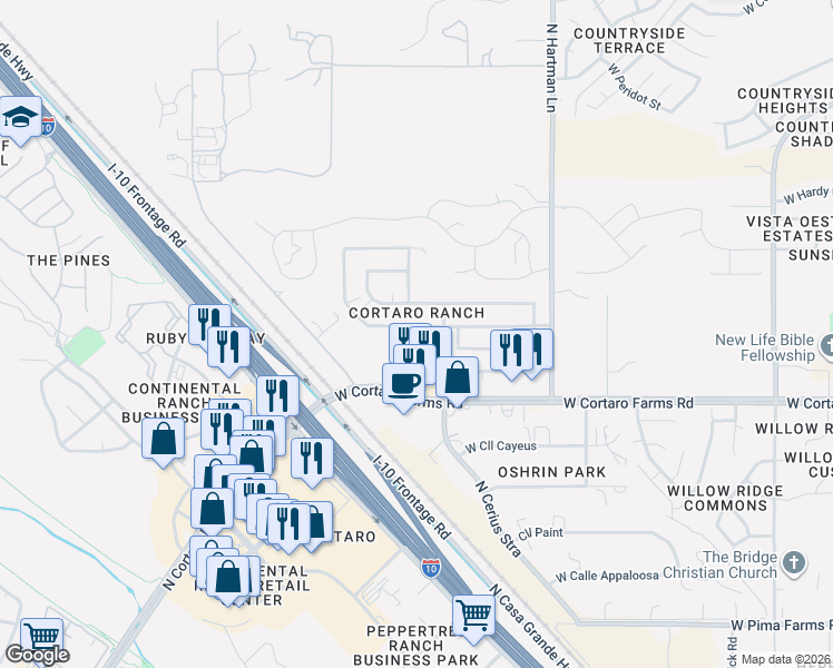 map of restaurants, bars, coffee shops, grocery stores, and more near 5600 West Cortaro Farms Road in Tucson
