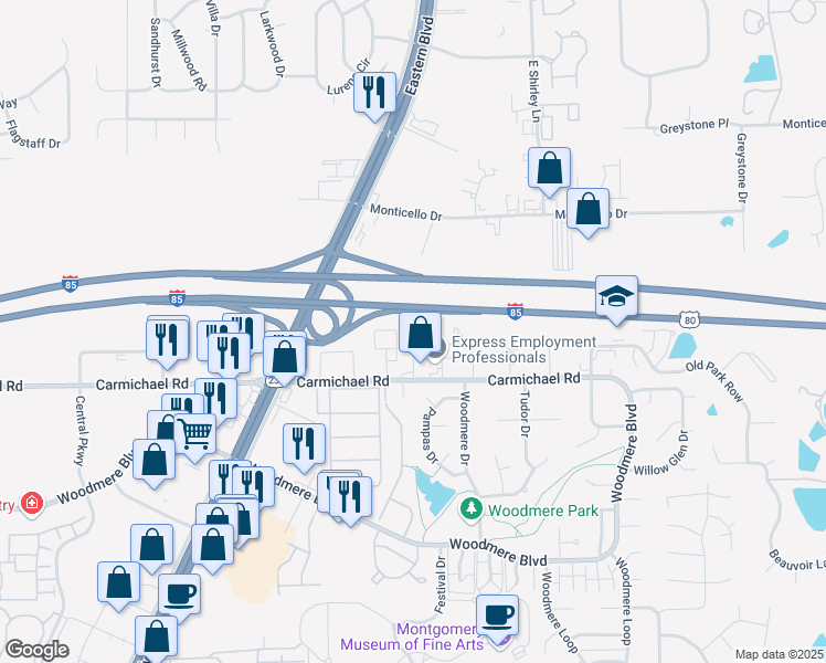 map of restaurants, bars, coffee shops, grocery stores, and more near 1200 Hilmar Ct in Montgomery