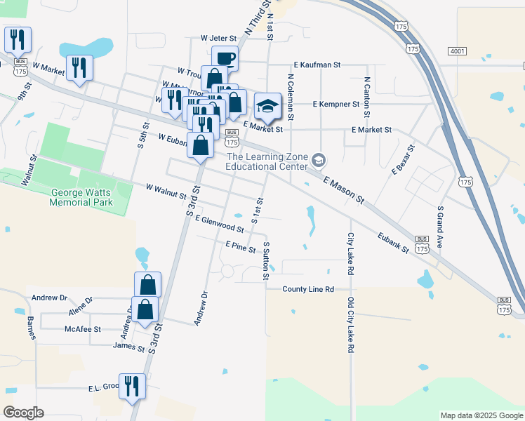 map of restaurants, bars, coffee shops, grocery stores, and more near 701 South Sutton Street in Mabank