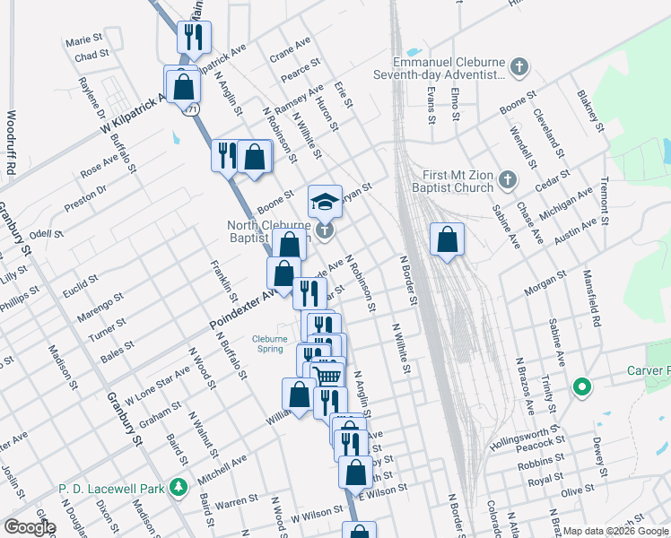 map of restaurants, bars, coffee shops, grocery stores, and more near 932 North Anglin Street in Cleburne
