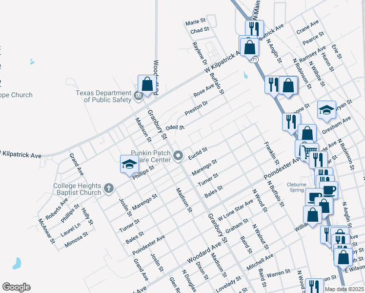 map of restaurants, bars, coffee shops, grocery stores, and more near 1600 Granbury Street in Cleburne