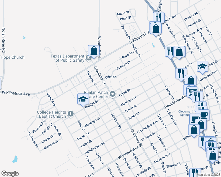 map of restaurants, bars, coffee shops, grocery stores, and more near 1600 Granbury Street in Cleburne