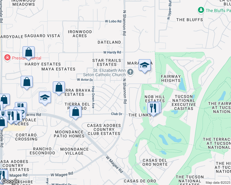 map of restaurants, bars, coffee shops, grocery stores, and more near 8534 North Winchester Creek Drive in Tucson