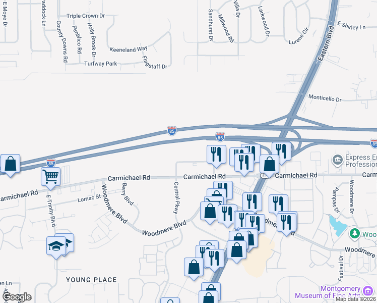 map of restaurants, bars, coffee shops, grocery stores, and more near 5031-5077 Woods Crossing Drive in Montgomery