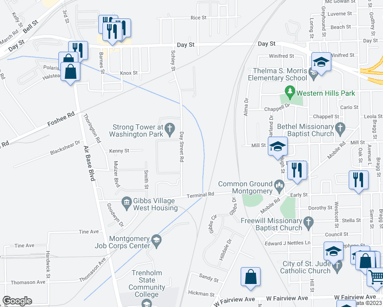 map of restaurants, bars, coffee shops, grocery stores, and more near 1011 Day Street Road in Montgomery