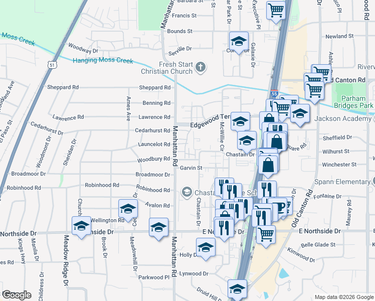 map of restaurants, bars, coffee shops, grocery stores, and more near 4801 Autumn Woods Drive in Jackson