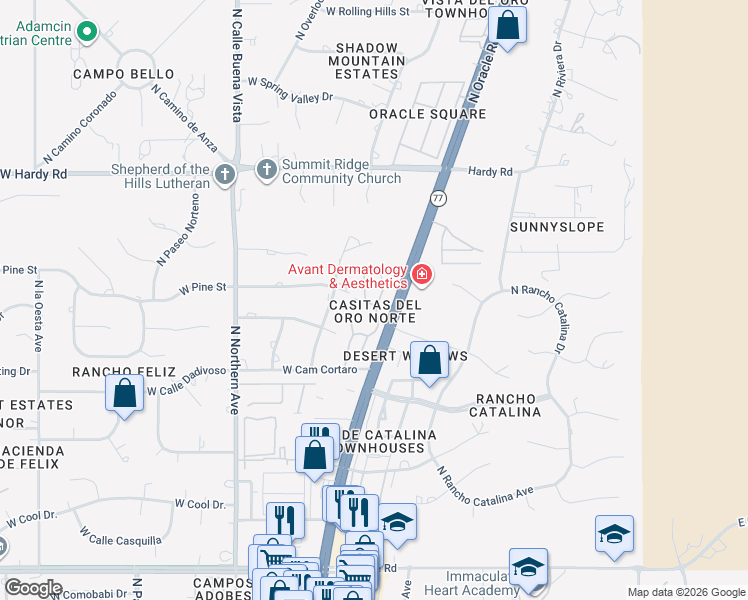 map of restaurants, bars, coffee shops, grocery stores, and more near 8460 N Vía Tioga in Tucson