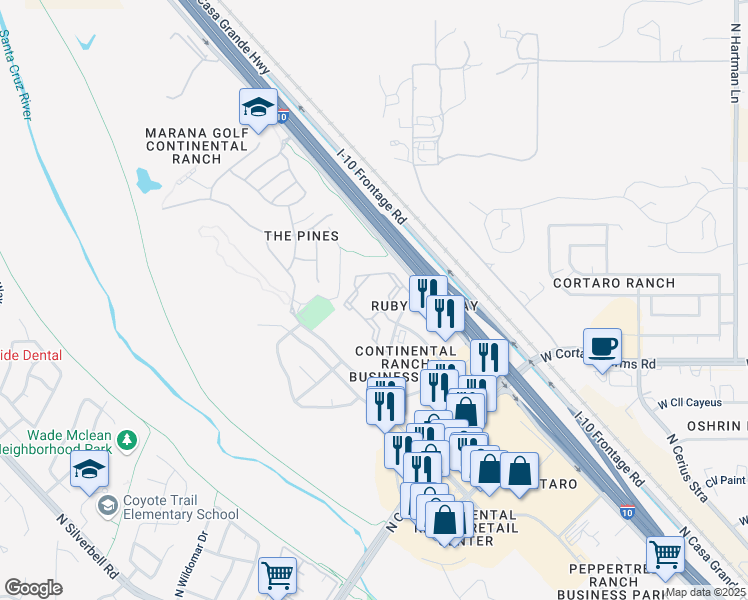 map of restaurants, bars, coffee shops, grocery stores, and more near 8500 North Cracker Barrel Road in Tucson