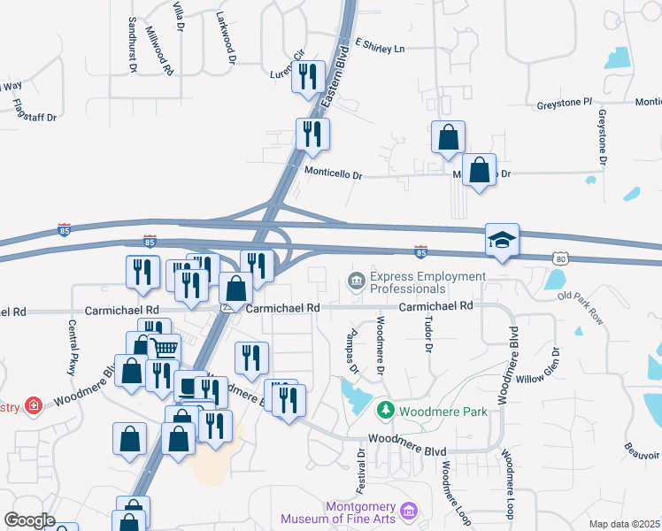 map of restaurants, bars, coffee shops, grocery stores, and more near 1200 Hilmar Court in Montgomery