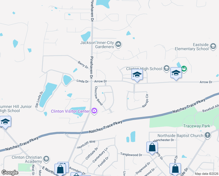 map of restaurants, bars, coffee shops, grocery stores, and more near 105 Cherokee Trail in Clinton
