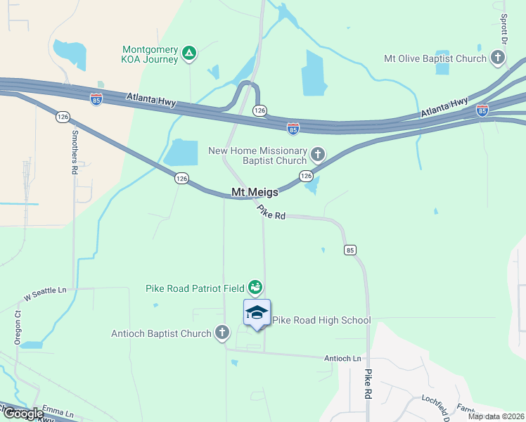 map of restaurants, bars, coffee shops, grocery stores, and more near 501 Georgia Washington Road in Pike Road