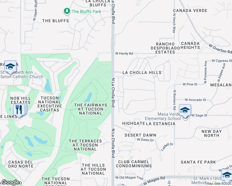 map of restaurants, bars, coffee shops, grocery stores, and more near 8511 North Breezewood Place in Tucson