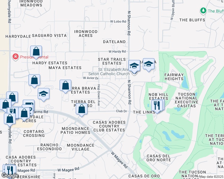 map of restaurants, bars, coffee shops, grocery stores, and more near 3031 West Country Hill Drive in Tucson