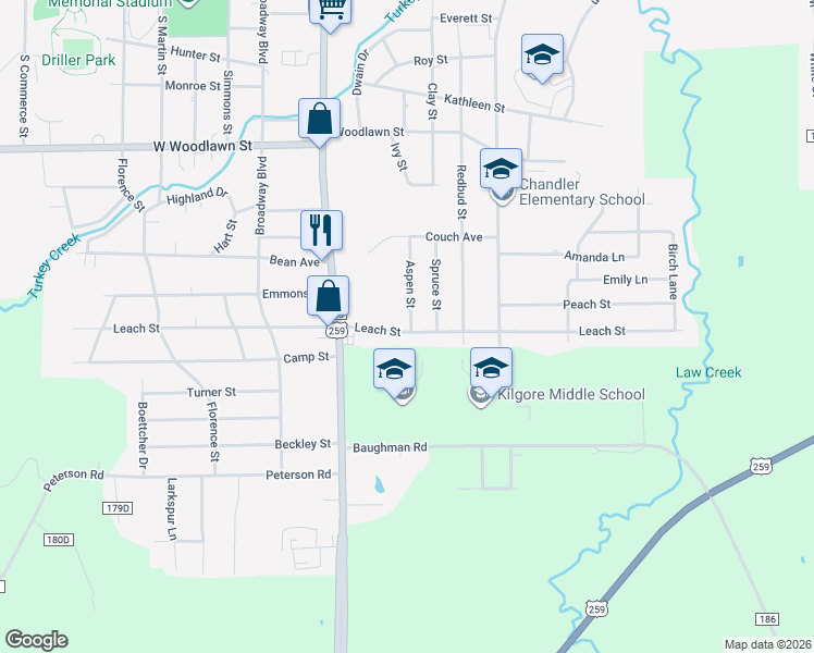 map of restaurants, bars, coffee shops, grocery stores, and more near 1302 Leach Street in Kilgore