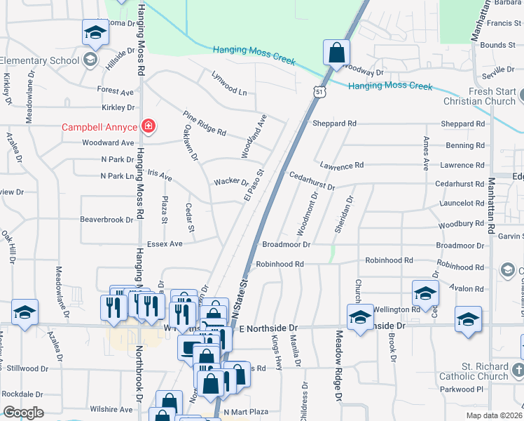 map of restaurants, bars, coffee shops, grocery stores, and more near 4821 North State Street in Jackson