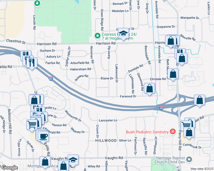 map of restaurants, bars, coffee shops, grocery stores, and more near 1220 Karen Road in Montgomery