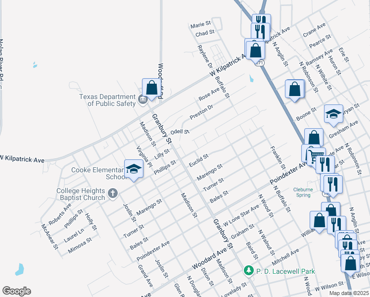 map of restaurants, bars, coffee shops, grocery stores, and more near 1600 Granbury Street in Cleburne